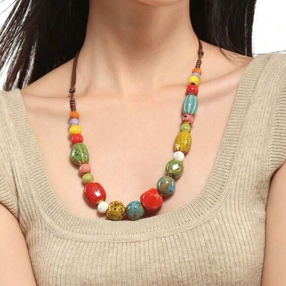 Bohemian Colorful Ceramic Beaded Necklace - Picture 1 of 7